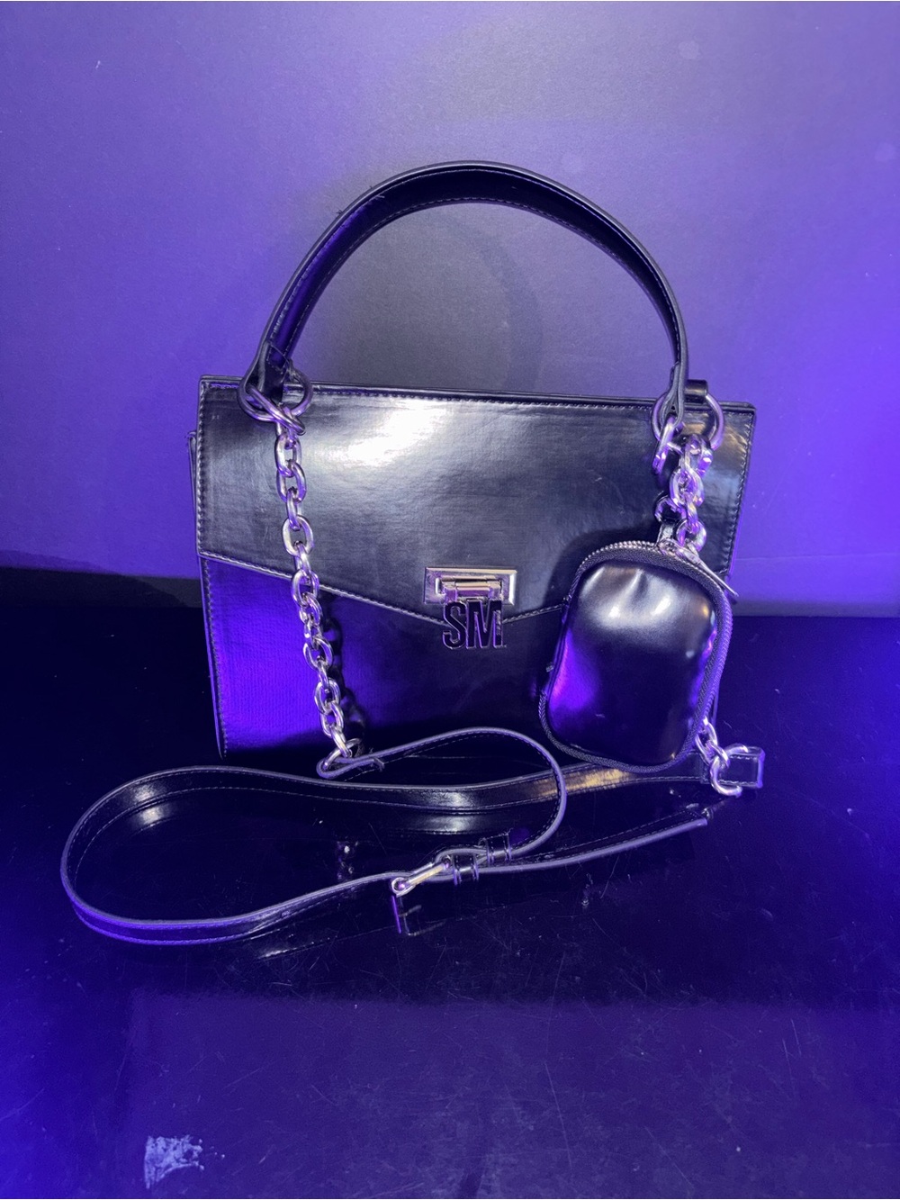 Steve Madden Black Top Handle Satchel Crossbody Bag Chain Mini Pouch Purse Y2K